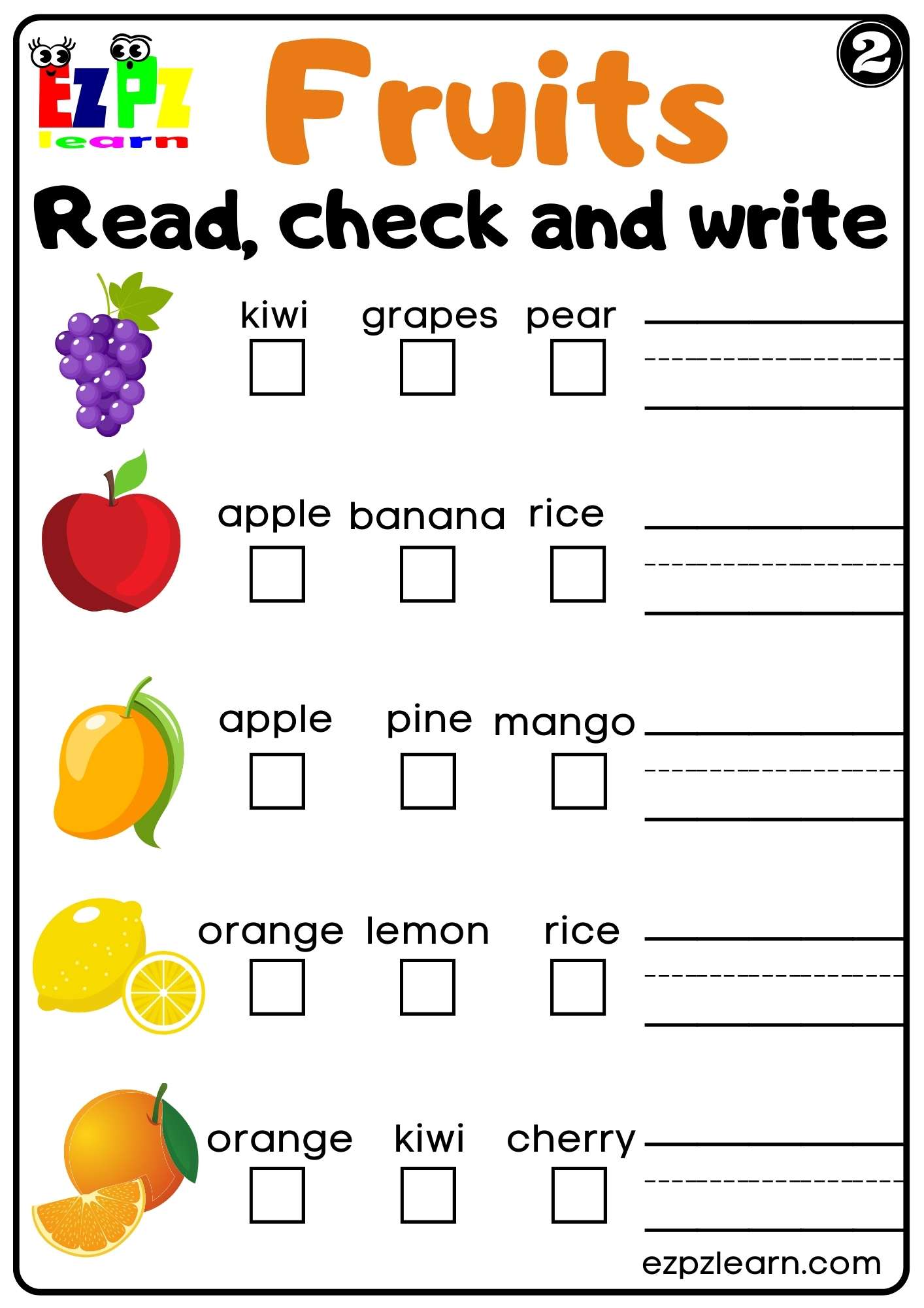 Fruits Read Check and Write Worksheet for K5 Kindergarten and ESL Free PDF Download Set 2